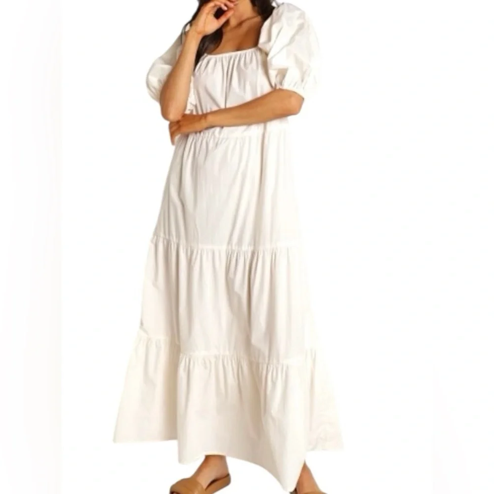 Fathfull the Brand Ronan Cotton Poplin Puff Sleeve Square Neck Tiered Midi Dress